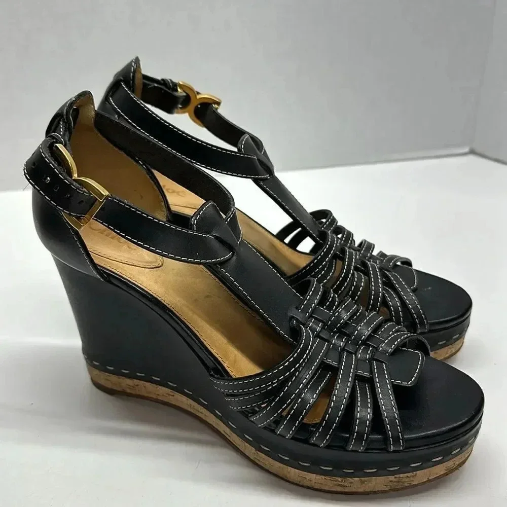 Chloe Marcie Wedges Leather T-Strap Platform High Heel Sandals Black Size 40.5